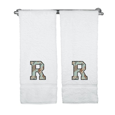 BC BARE COTTON Monogrammed Towels, Personalized Gift, Set of 2 - Embroidered Writing with Greenish Cyan