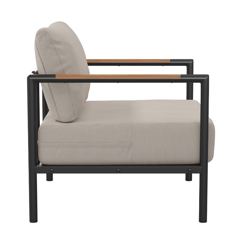 Merrick Lane Outdoor Accent Chair with Removable Plush Fabric Cushions and Teak Accented Aluminum Frame, 4 of 16
