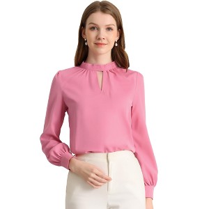 INSPIRE CHIC Women's Office Keyhole Elegant Stand Collar Long Sleeve Back Neck Button Blouse - 1 of 4