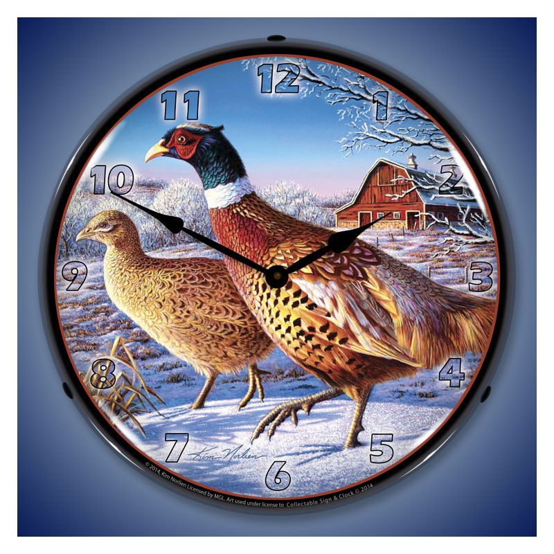 Collectable Sign & Clock | Frosty Morning Ringnecks Pheasants LED Wall Clock Retro/Vintage, Lighted, 2 of 6