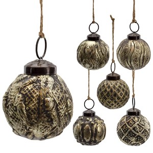 AuldHome 2" Farmhouse Ball Ornaments, Set of 6; Distressed Metal Tin Glass Ball Vintage Style Christmas Decorations - 1 of 4