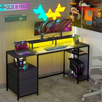 CAVINAS Home Office Desk Modern Gaming Desk with 3 Shelves, 2 Drawers, Monitor Stand and LED Light for Games and Work