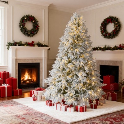 6FT Pre-Lit Snow Flocked Christmas Tree, Hinged Artificial Spruce with 300 LED Lights, 8 Modes & 790 Branch Tips for Holiday Décor