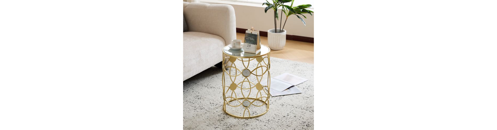 Lyngins Gold Metal & Mirror Accent Table, 15" Round Outdoor Side Table, Patio End Tables for Living Room or Patio