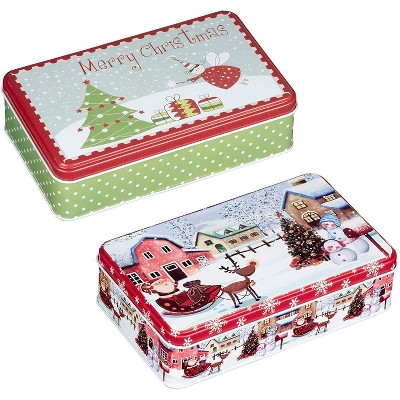 Juvale 2-Piece Christmas Tin Gift Box, Rectangular Cookie Tin Candy Storage Containers with Lid 7.5”x4.5”x2.1”, Red/Green