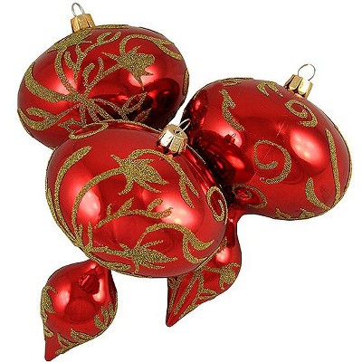 Barcana 3ct Beaded Floral Shatterproof Christmas Finial Ornament Set 5" - Red/Gold