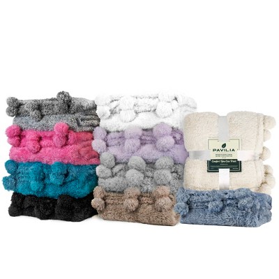 White Sherpa Fleece Throw Blanket with Pom Pom Fringe