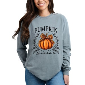 Simply Sage Market Pumpkin Season Leopard Bow Garment Dyed Long Sleeve - 1 of 4