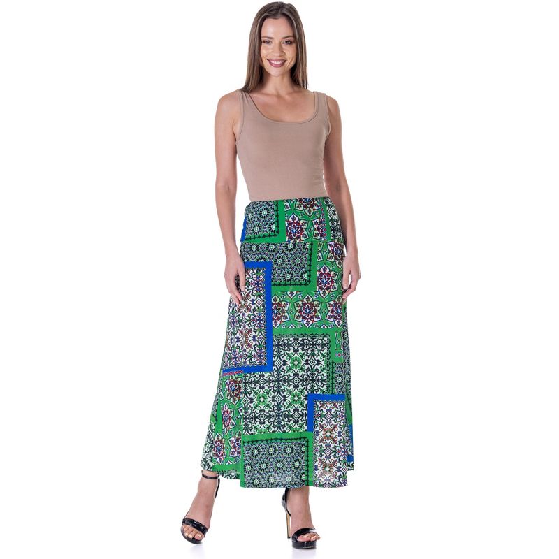 24seven Comfort Apparel Green Scarf Print Elastic Waist Ankle Length Comfortable Maxi Skirt, 4 of 9