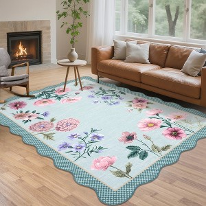 Floral Rugs for Living Room Bedroom Soft Washable Rug Scalloped Edge Plaid Pattern Area Rug Non-Slip Low Pile Rug - 1 of 4