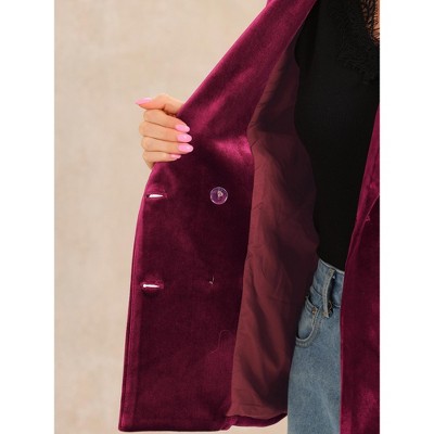 Allegra K Women's Notched Lapel Button Front Long Sleeve Double Breasted Velvet Blazer Dark Red X-Small — фото 4