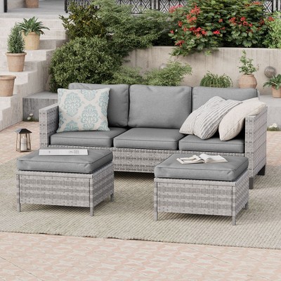 Sonkuki 3-Seater Patio Sofa Set Brown/Gray Rattan with Ottomans