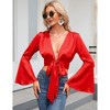Women's V Neck Long Bell Sleeve Top Wrap Blouse Tie Front Crop Top Long Sleeve Top Tee Shirts - 3 of 4