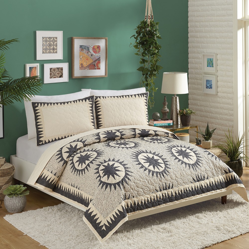 Photos - Duvet King Soleil Burst Quilt Set Gray - Jungalow by Justina Blakeney