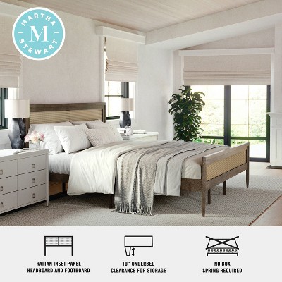 King Brown Gray Wood Frame Platform Bed with Rattan Headboard