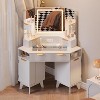 Makeup Vanity Desk with 3 Way Mirror, Modern Fluted Corner Vanity Desk with HD Mirror, Glass Top Dressing Table with 3 Drawers & 2 Cabinets, for Home - 3 of 4