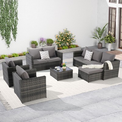 CAVINAS 6 Piece Patio Furniture Set, All Weather Patio Sectional Sofa Set with Glass Table, Cushions and Pillows, Light Gray
