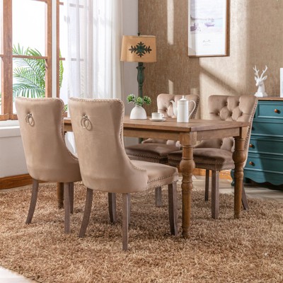 Syemin Velvet Dining Chair Set of 2, Mid-Century Modern Velvet Upholstered Chair with Rivets, Brown, 24.4"*19.7"*37.5"