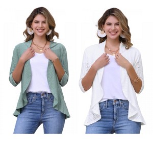 INSPIRE CHIC Women's 3/4 Sleeve Dressy Neck Ruffle Open Front Casual Eyelet Cardigans 2 Packs - 1 of 4