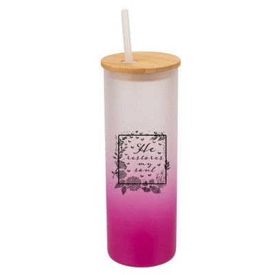 Elanze Designs He Restores My Soul Psalm Floral Frame Wrap-Around Design 25 Ounce Frosted Gradient Glass On-The-Go Coffee Travel Skinny Tumbler Mug
