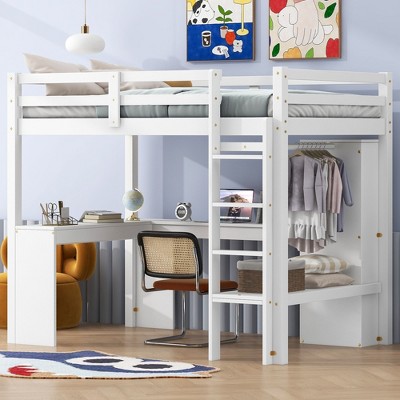 NicBex Twin Size Loft Bed with L-Shaped Desk Wooden Bed Frame with Wardrobe, Shelves, Ladder and Full Length Guardrail, No Box Spring Required