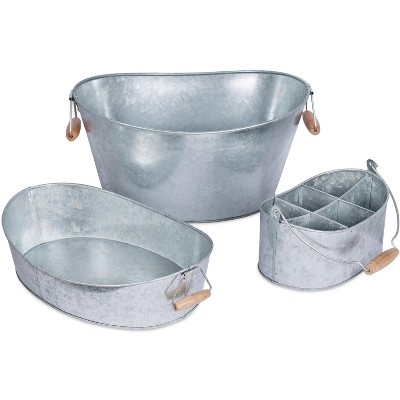 BirdRock Home Galvanized Beverage Tub, Caddy and Tray Set - 3 Piece