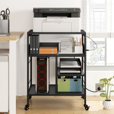 Under Desk Printer Stand with Wheels, 3-Tier Printer Table with Storage Shelves, Printer Cart with Power Outlets and USB Ports for Home Office