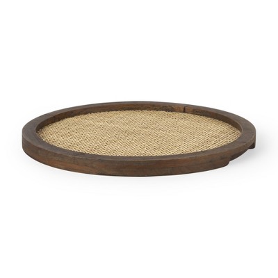HomeRoots 16" Brown And Natural Solid Wood And Wicker Handmade Round Serving Tray