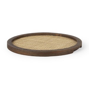 HomeRoots 16" Brown And Natural Solid Wood And Wicker Handmade Round Serving Tray - 1 of 4