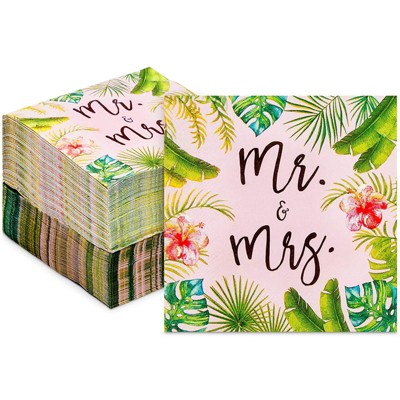 Sparkle and Bash 100 Pack Mr and Mrs Cocktail Napkins for Tropical Beach Wedding Supplies (5 In)