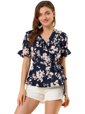 INSPIRE CHIC Women's Floral V Neck Tie Waist Short Sleeve Belted Ruffle Wrap Shirt