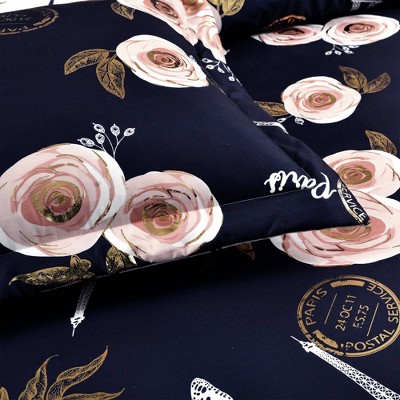 Lush Decor Lush Décor Full/Queen 7pc Vintage Paris Rose Butterfly Script Comforter Set Navy: Microfiber, Embroidered, Teen Bedding — фото 3