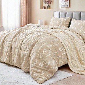 Queen Size Reversible Floral Duvet Cover Set, 3 Pieces Botanical Microfiber Bedding with Zipper and 4 Ties 90x90 - 1 of 4