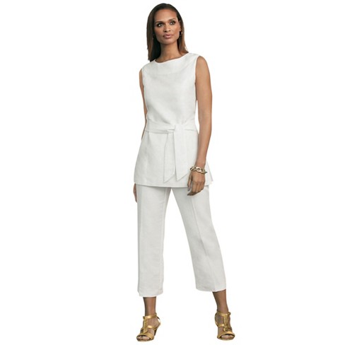 Jessica London Women's Plus Size Two Piece Sleeveless Tunic Top Capri Pants  Linen Blend Set - 14, White : Target