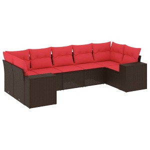 vidaXL 7 Piece Garden Sofa Set with Cushions Brown and Red Poly Rattan - 1 of 4
