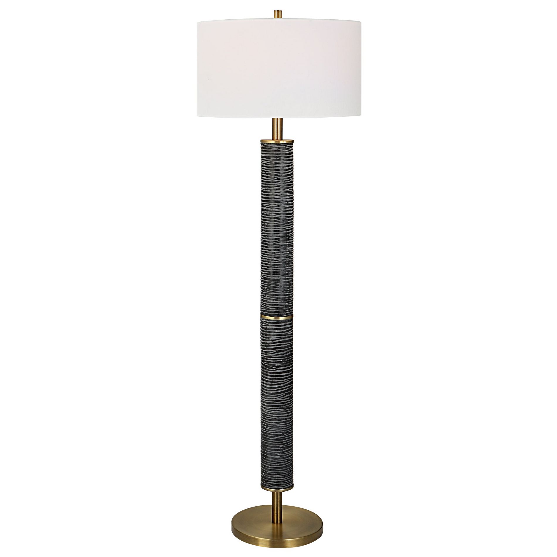 Uttermost Summit Floor Lamp – 62.75"H Rustic Gray-Black Carved Base with Antique Brass & Linen Shade