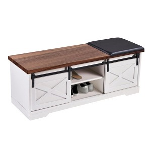 47'' Farmhouse Shoe Bench with Storage - Sliding Door, Adjustable Shelf, 2-Tier Wooden Cushioned Shoe Rack, 350 Lbs Capacity for Entryway Front Door - 1 of 4