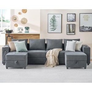 AMERLIFE Sectional Sofa with USB Ports, Cup Holders& Hidden Storage, U Shapes Couch- 4 Pieces Set - 1 of 4
