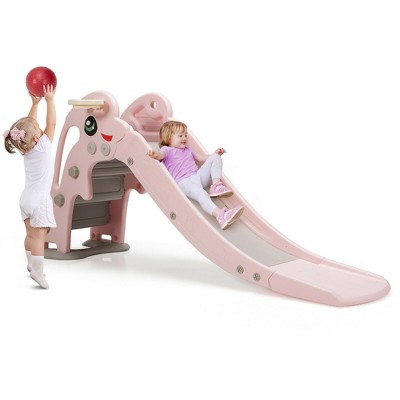 Costway 3-in-1 Kids Climber Slide Play Set w/Basketball Hoop Indoor & Outdoor Pink\Green