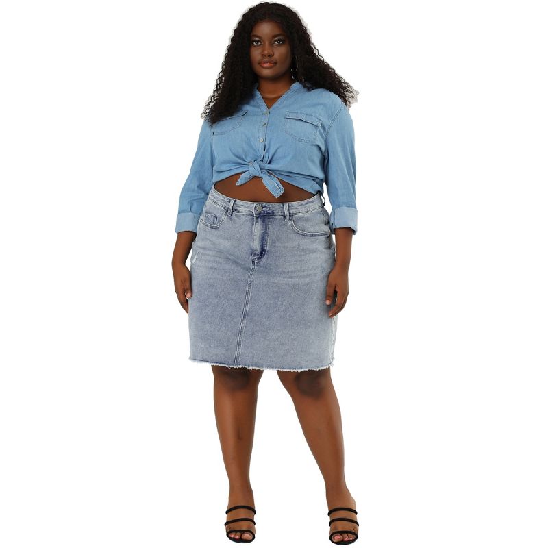 Agnes Orinda Women's Plus Size Denim Embroidered Distressed Ripped Pencil Jean Skirts, 3 of 7