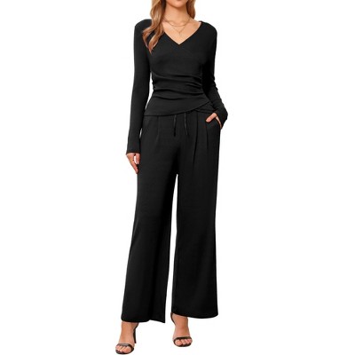 INSPIRE CHIC Women's Long Sleeve V Neck Drawstring Elastic Waist Wide Leg with Pockets Tracksuits