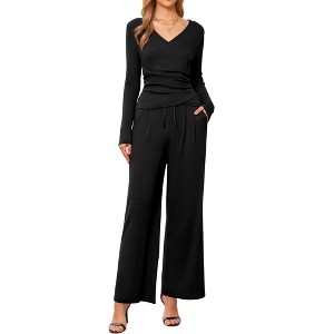 INSPIRE CHIC Women's Long Sleeve V Neck Drawstring Elastic Waist Wide Leg with Pockets Tracksuits - 1 of 4