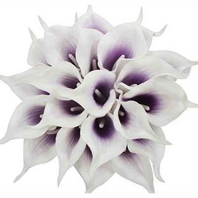 Duovlo 20pcs Calla Lily Bridal Wedding Bouquet Lataex Real Touch Artificial Flower Home Party Decor (Purple in White)
