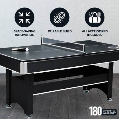 6-Foot Black Pool Table with Red Felt and Table Tennis Top