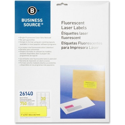 Business Source Laser Labels Fluorescent 1"x2-5/8" 750/PK Neon Yellow 26140