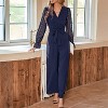 Women's Fashion V Neck Lace Sleeve Jumpsuit Belted Wide Leg Casual Formal Romper - 2 of 4