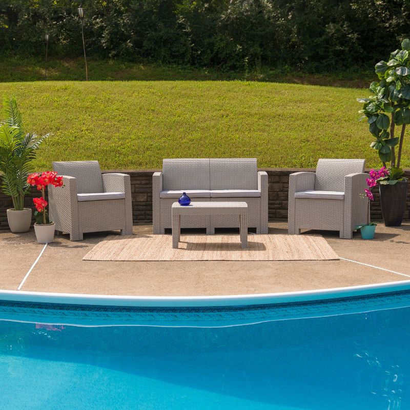 Flash Furniture 4 Piece Outdoor Faux Rattan Chair, Loveseat and Table Set in Light Gray, 3 of 4