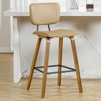 Bekrvio 26" Counter Height Bar Stools - PU Leather Upholstered with Backs, Bent Wood Legs, Mid Century Modern Counter Stools for Kitchen Island