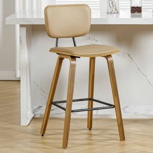 Bekrvio 26" Counter Height Bar Stools - PU Leather Upholstered with Backs, Bent Wood Legs, Mid Century Modern Counter Stools for Kitchen Island - 1 of 4