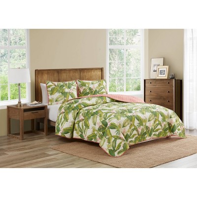 Ecru Twin Cotton Reversible Quilt Set with Palm Leaf Design